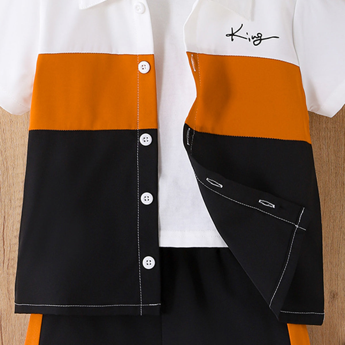Boys Black Short Sleeve Color-blocked Shirt With Elasticated Shorts Set