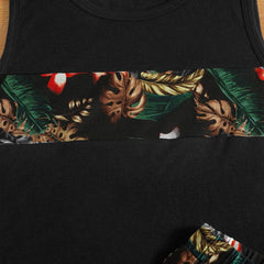 Boys Black Tropical Printed Sleeveless Vest With Shorts Set