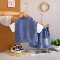 Boys Blue Denim Vest & Shorts With Printed T-Shirt Sets