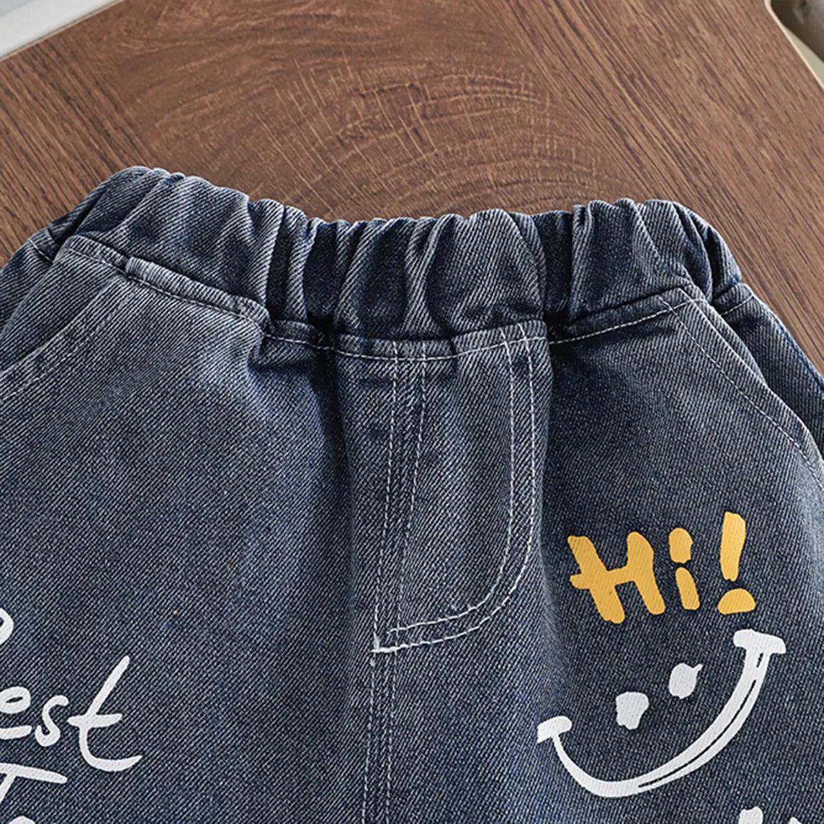 Boys Black Typographic Print T-Shirt With Distressed Denim Shorts Set