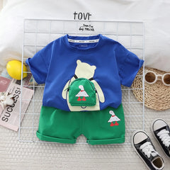 Boys Blue Bear Printed Short Sleeve T-Shirt With Shorts Sets