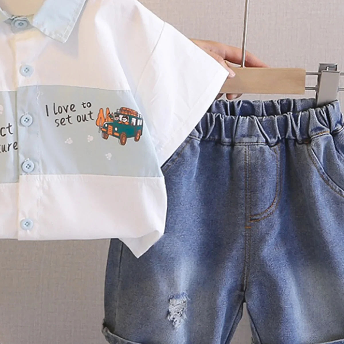 Boys Blue Car Graphic Short Sleeve Shirt With Denim Shorts Sets