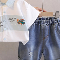 Boys Blue Car Graphic Short Sleeve Shirt With Denim Shorts Sets