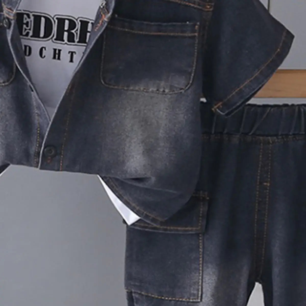 Boys Black Denim Shirt & Cargo Shorts With Printed T-Shirt Sets