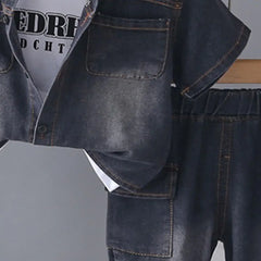 Boys Black Denim Shirt & Cargo Shorts With Printed T-Shirt Sets