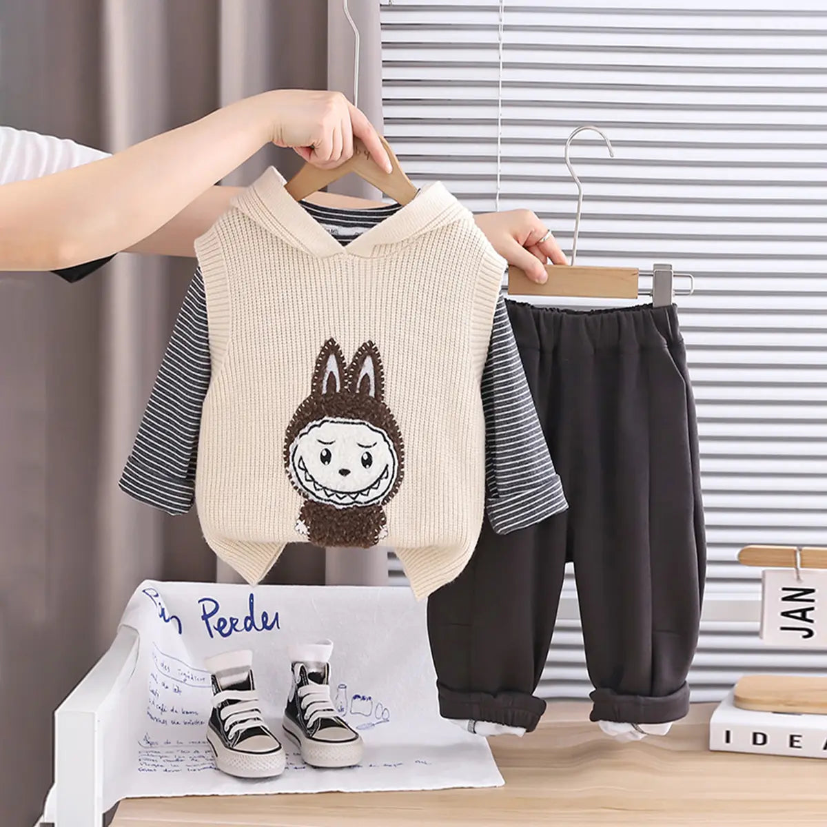 Boys Apricot Applique Hooded Sweater Vest With T-Shirt & Jogger Sets