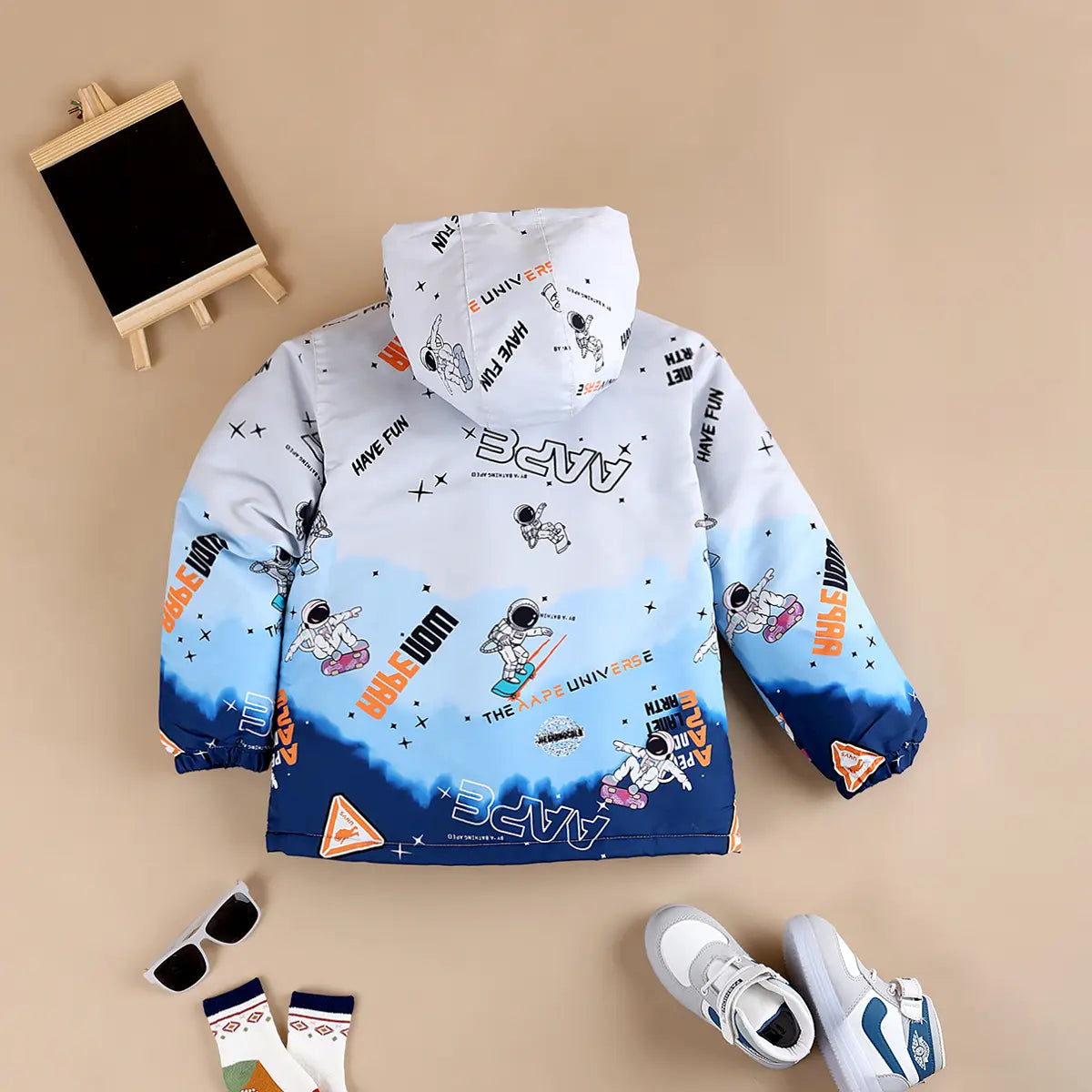Boys Blue Ombre Printed Hooded Zipper Jacket