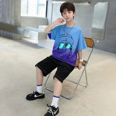 Boys Blue Graphics Short Sleeves T-Shirt With Shorts Set