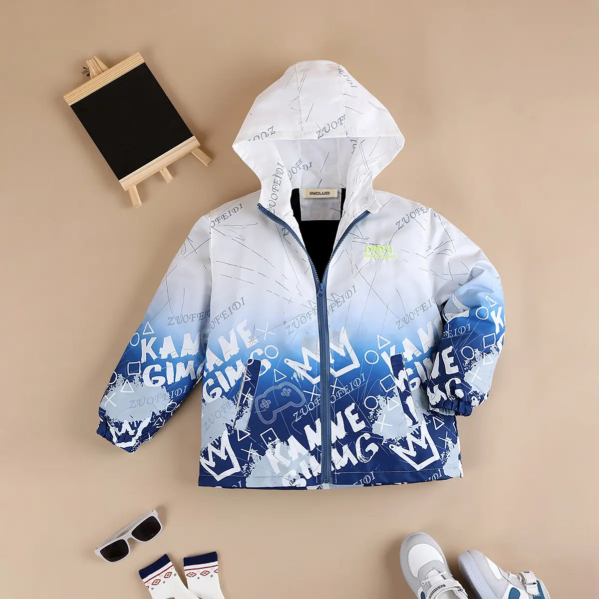 Boys Blue Ombre Printed Hooded Zipper Jacket