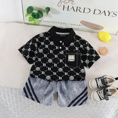 Boys Black Lion Printed Short Sleeve Polo T-Shirt With Denim Shorts Sets