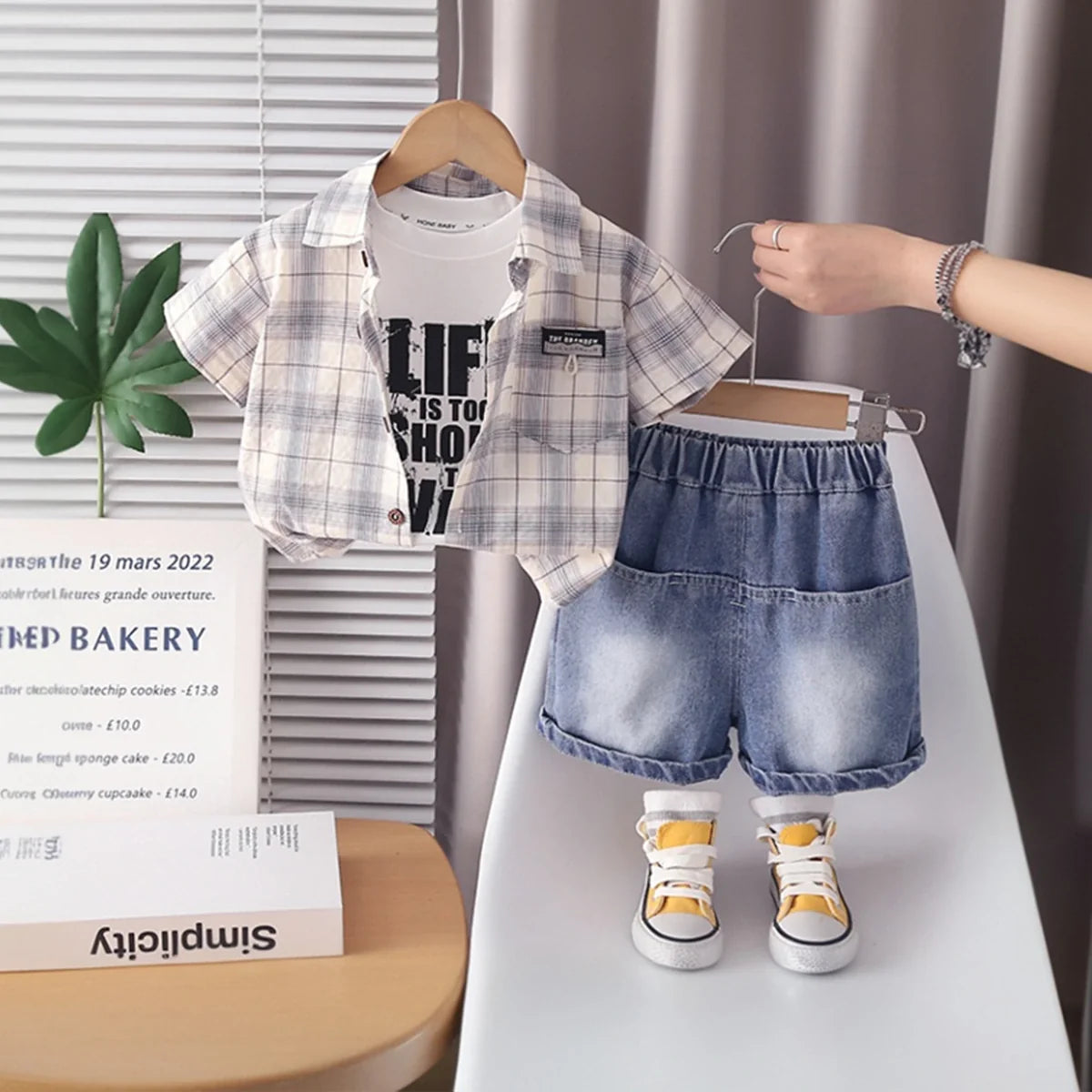 Boys Beige Checked Shirt With Printed T-Shirt & Denim Shorts Set