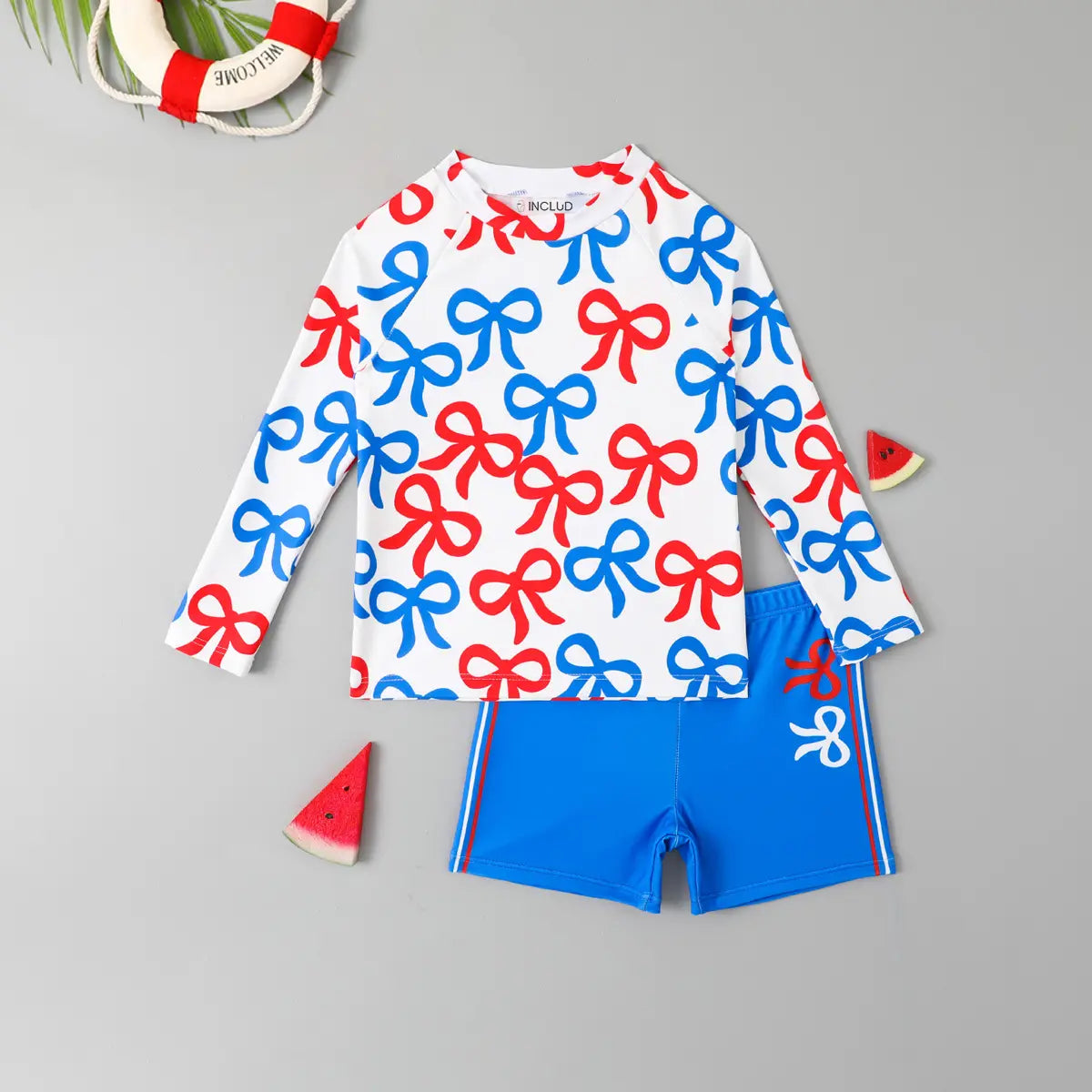 Boys Blue Allover Bow Printed T-Shirt With Shorts Swimwear Sets