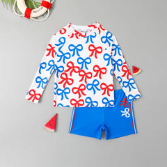 Boys Blue Allover Bow Printed T-Shirt With Shorts Swimwear Sets