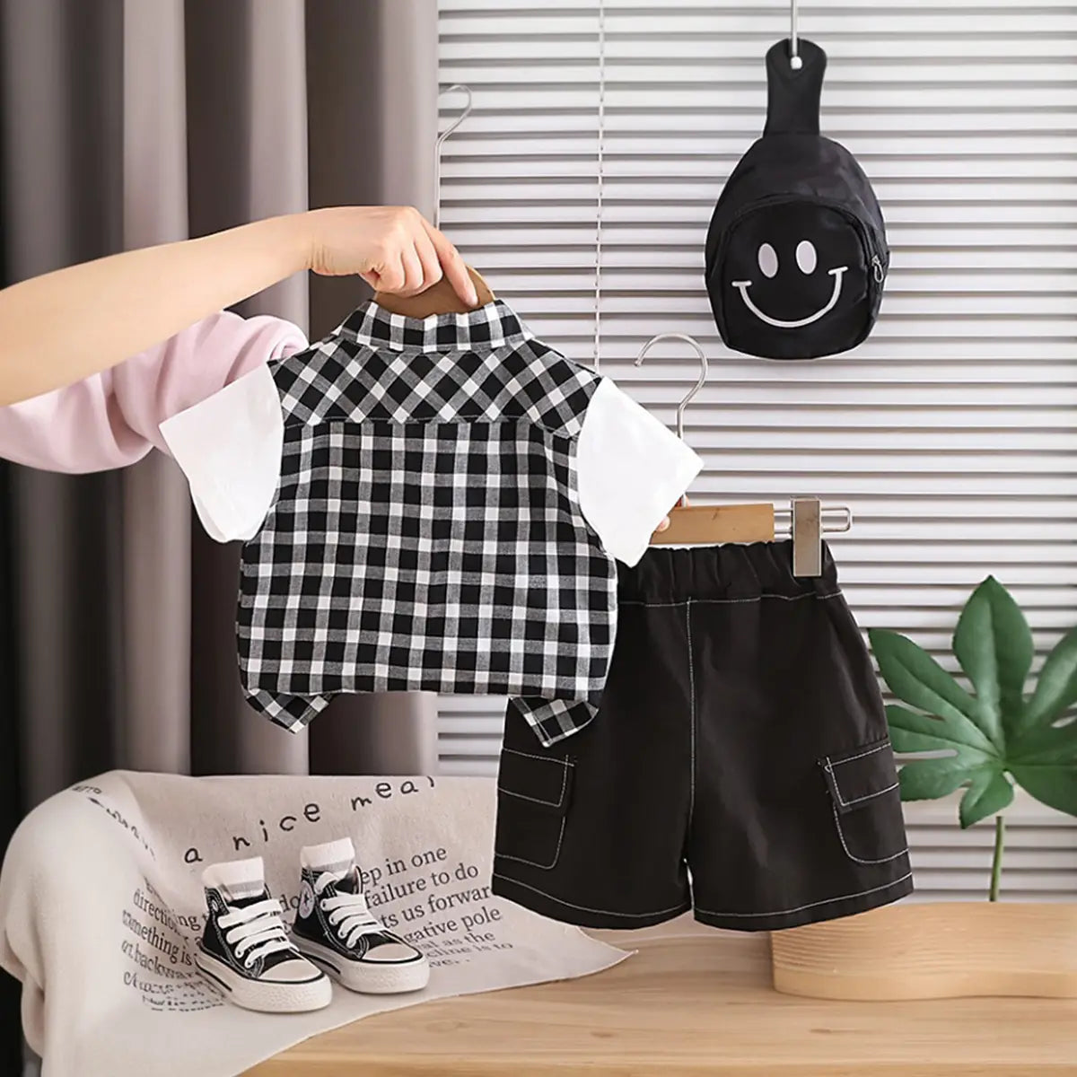 Boys Black Checked Shirt With Cargo Shorts & Sling Bag Sets
