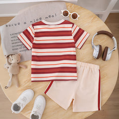 Boys Apricot Stripes Print Short Sleeve T-Shirt With Elasticated Shorts Set
