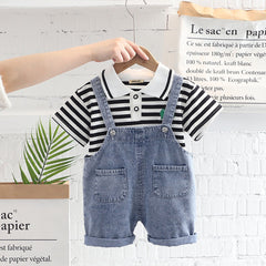Boys Black Striped Polo T-shirt with Denim Dungaree Set