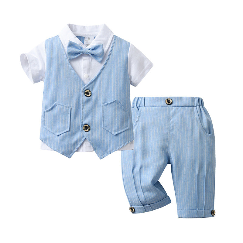 Boys Blue Bow-Tie Shirt with Striped Trousers & Waistcoat Set