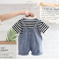 Boys Black Striped Polo T-shirt with Denim Dungaree Set