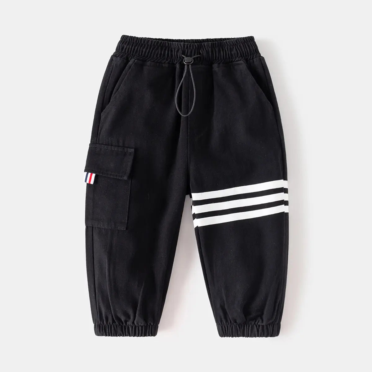 Boys Black Three Stripes Print Cargo Pants