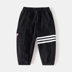 Boys Black Three Stripes Print Cargo Pants