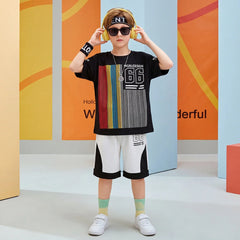 Boys Black Typographic Print Short Sleeve T-Shirt With Shorts Sets