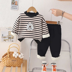 Boys Black Stripes Graphic Sweatshirt With Pants Sets