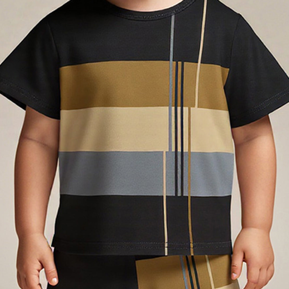 Boys Black Stripes Print Short Sleeve T-Shirt With Shorts Set