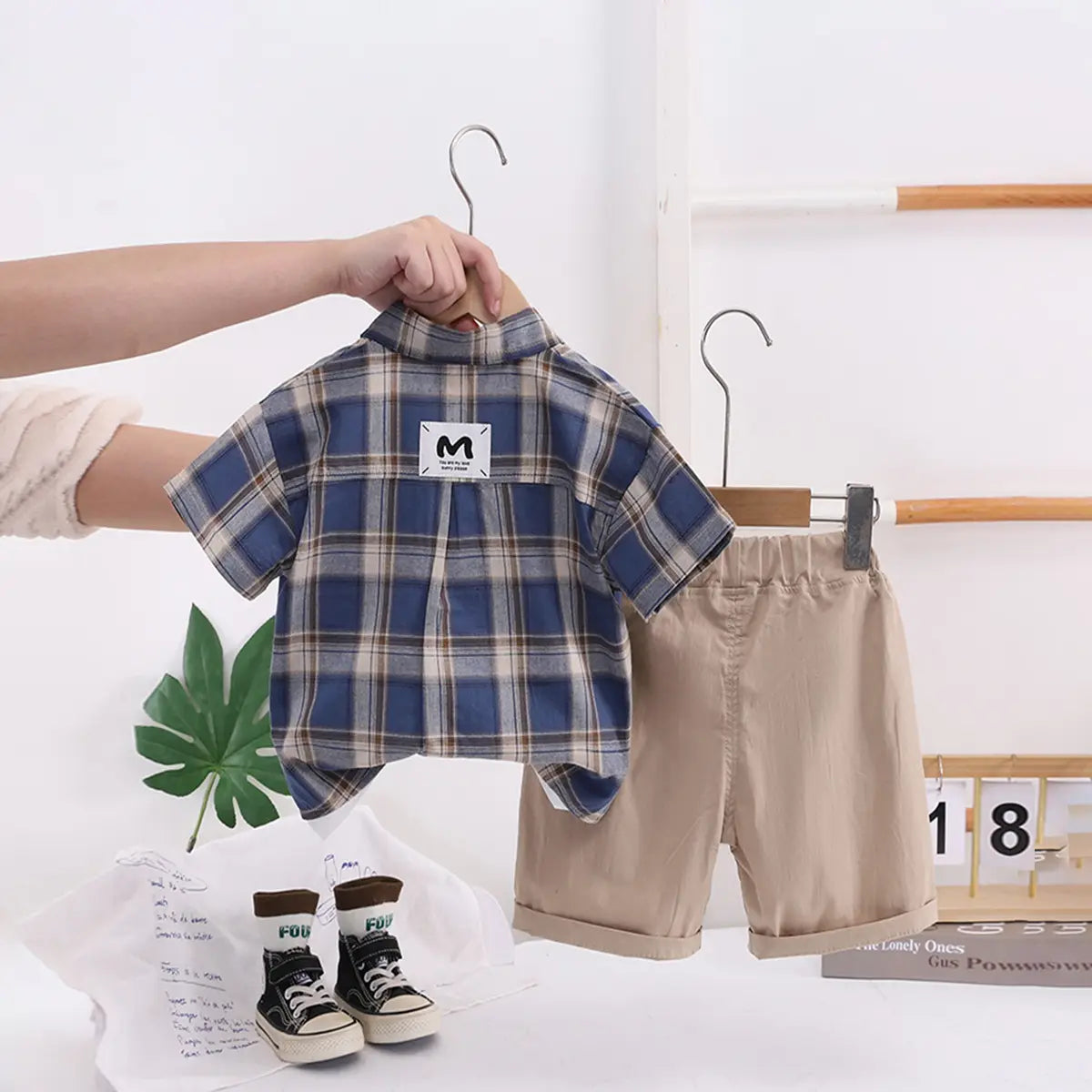 Boys Blue Checked Short Sleeve Shirt With Printed T-Shirt And Shorts Sets