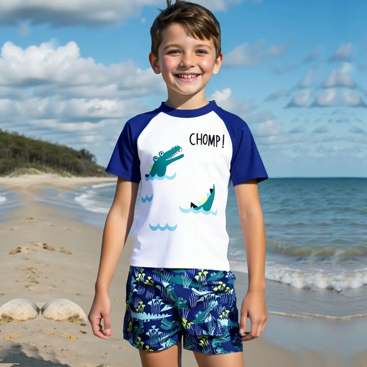 Boys Blue Graphics Short Sleeves T-Shirt & Shorts Swimsuit Sets