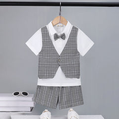 Boys Black Check Waist Coat With Polo T-Shirt And Shorts Set
