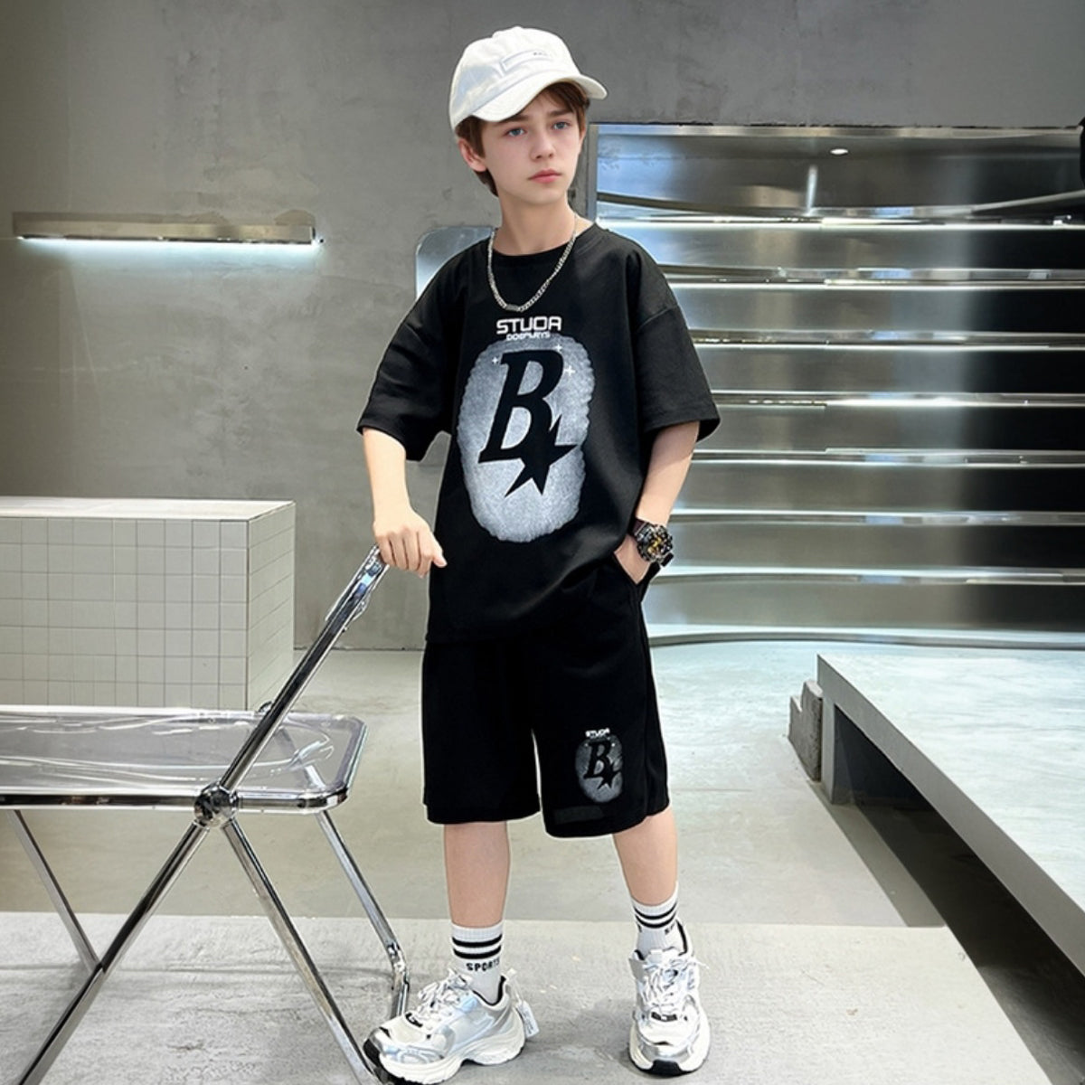 Boys Black Star Printed Summer Oversized T-Shirt With Shorts Set
