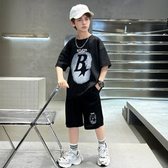 Boys Black Star Printed Summer Oversized T-Shirt With Shorts Set