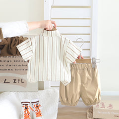 Boys Beige Stripe Short Sleeves Pocket Flap Shirt With Shorts Set