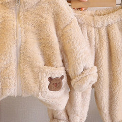 Boys Beige Fleece Zip-up Jacket With Jogger Co-ord Sets