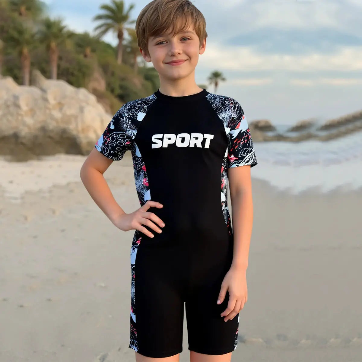 Boys Black Typographic Short Sleeves Swimwear Bodysuit