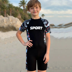 Boys Black Typographic Short Sleeves Swimwear Bodysuit