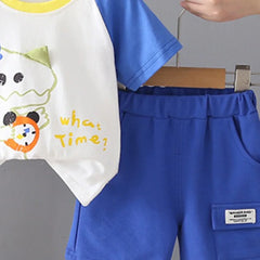 Boys Blue Dinosaur Graphic Short Sleeves T-Shirt With Elasticated Shorts Sets