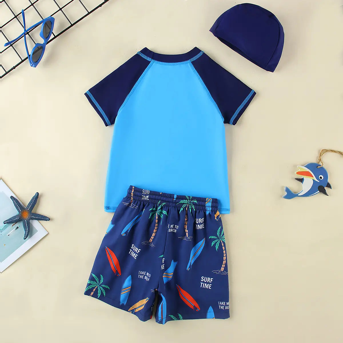 Boys Blue Graphics T-Shirt With Shorts & Swim Cap Swimwear Sets