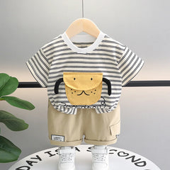 Boys Black Striped Dog Applique Short Sleeve T-Shirt With Shorts Sets
