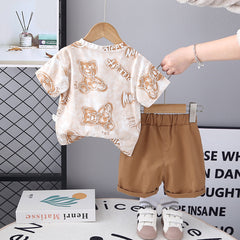Boys Bear Printed Short Sleeves T-Shirt With Light Brown Shorts Set