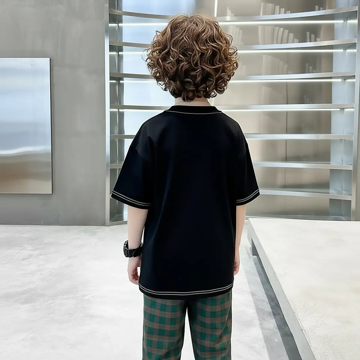 Boys Black Oversized T-Shirt With Checked Joggers Sets