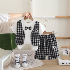 Boys Attached Waistcoat T-Shirt With Black Abstract Printed Shorts Set