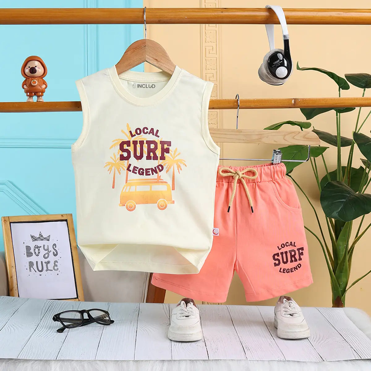 Boys Apricot Surf Printed Vest With Drawstring Shorts Sets