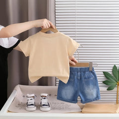 Boys Beige Bear Applique T-Shirt With Denim Shorts Sets