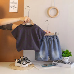 Boys Black Short Sleeve Graphic T-Shirt With Denim Shorts Sets