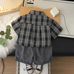 Boys Black Checked Shirt With Printed T-Shirt And Denim Shorts Sets