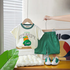 Boys Bag-pack Appliqued T-Shirt With Green Shorts Set