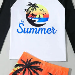 Boys Black Tropical Printed Long Sleeves T-Shirt & Shorts Swimsuit Sets
