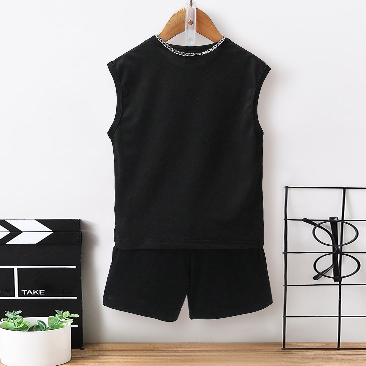 Boys Black Dinosaur Printed Sleeveless T-Shirt With Shorts Set