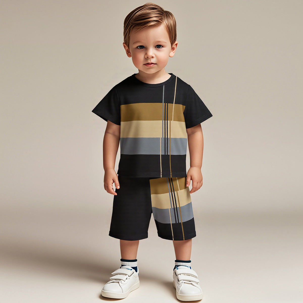 Boys Black Stripes Print Short Sleeve T-Shirt With Shorts Set